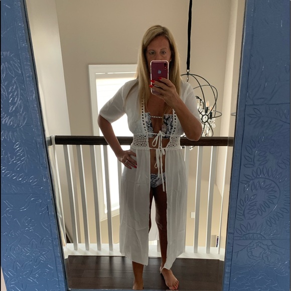 White Lace-Up Boho Swimsuit Cover-Up Maxi Kimono - Picture 1 of 2